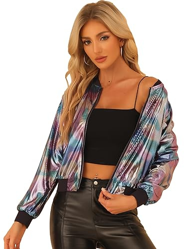 Allegra K St. Patrick's Day Bomberjacke für Damen, funkelnd, holografisch, leicht, 90er Jahre, glänzend, metallisch, Irisierend, M