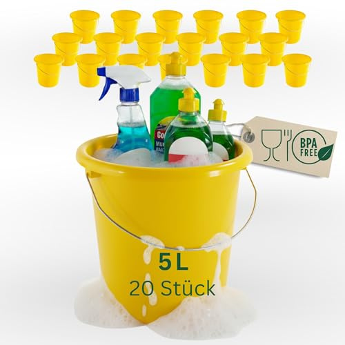 Novaliv 20 Stück Eimer 5L Gelb mit Maßeinteilung - Putzeimer 5 Liter ? 22,5 cm Praktischer Allrounder mit Skala für Haushalt & Garten ideal als Haushaltseimer, Wassereimer, Wischeimer, Bucket