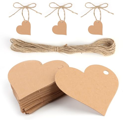 50 etiquetas de papel kraft con forma de corazón y cordel de 10 m para el uso como recuerdo de boda, embalaje de regalos, fabricación de objetos artesanales, etc.