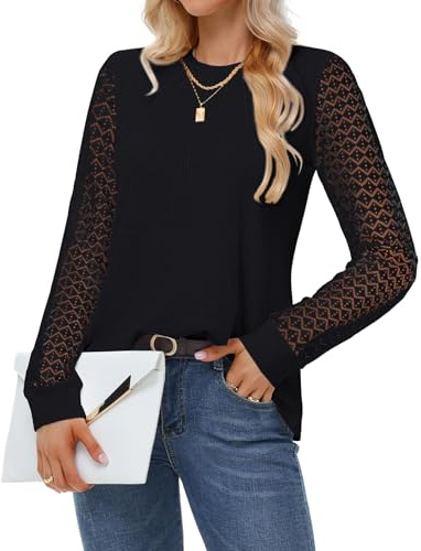 Tanmolo Langarmshirt Damen Bluse Waffelstrick Tops Langarm Pullover Lässig Blusen Spitze Oberteile Rundhals Hemden Herbst Blusenshirt Schwarz, XXL