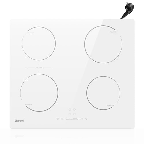 GIONIEN Plaque à Induction 4 Foyers 60cm Blanc,16Amp Plaque à Induction Encastrable,Table de cuisson électrique intégrée avec zone de pont, Table de cuisson,2800W