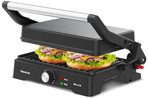 Taurus - Elektrischer Kontaktgrill Grill&Co GR1500X | 1500W | Antihaftplatten 27,5 x 17,3 cm | 180° Schwenkdeckel | Einstellbarer Thermostat | Rutschfeste Basis | Abnehmbare Fettauffangschale