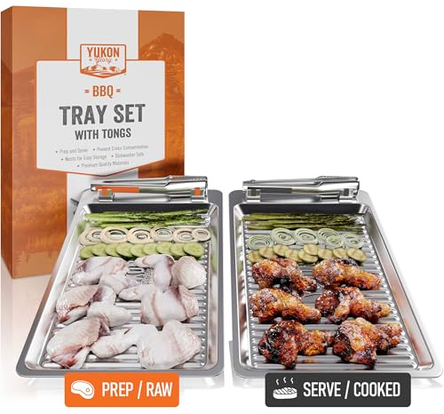 Yukon Glory BBQ Tray Set with Tongs | Grilling Prep and Serve Trays | Colored Trays - Orange and Grey | Stainless Steel Serving Tray - Set of 2