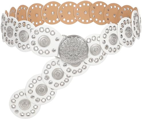 JasGood Breite Scheibengürtel für Damen Leder Aushöhlen Runde Gürtel Western Cowgirl Gürtel Damen Concho Vintage Boho Disc Ledergürtel Verstellbare Taillengürtel für Kleider