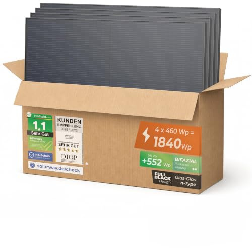 Solarway 460W Solarpanel Full Black Bifazial Glas/Glas PV Panel mit positiver Leistungstoleranz von 0-5 Watt, n-type, geeignet für Balkonkraftwerk