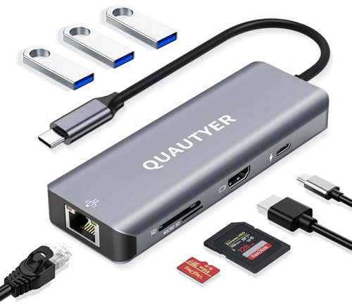 Adaptador multipuerto USB-C Hub MacBook, adaptador USB para MacBook HDMI, adaptador USB C con Ethernet 1000M 4K HDMI 100W PD 3 puertos USB 3.0, lector de tarjetas SD/TF, adaptador USB para MacBook