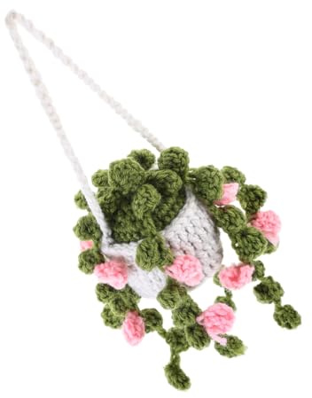 KOMBIUDA Crochet Plant Ornament Hanging Pendant with White Basket and Pink Flower Car Hanging Ornament Decor for Rearview Mirror Automotive Interior Accessories