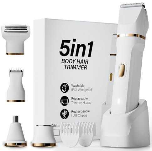 jianyana Lady Shavers for Women, 5-in-1 Bikini Trimmer Women, IPX7 Waterproof Electric Razor for Women Wet and Dry, Pubic Hair Trimmer Rechargeable for Face Legs Underarm Nose and Eyebrow