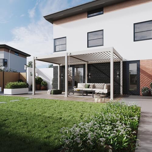 Weide Classic Pergola freistehend mit verstellbarem Lamellendach | Witterungsbeständiger Pavillon für Garten & Terrasse mit Handkurbel und integriertem Wasserablauf 3 x 5.3 m Sand
