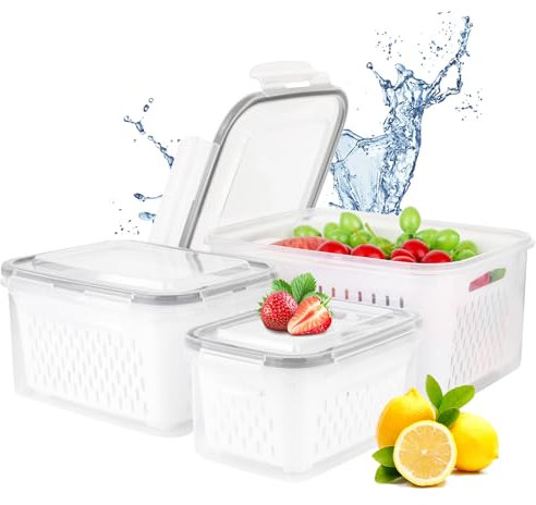 YYTECH Set di 3 Organizer Frigorifero, Scatola per la Conservazione di Frutta e Verdura, Contenitori a Tenuta con Coperchio, Portaoggetti del Frigorifero Contenitore Scatola con, 0,85L+1,75L+3L