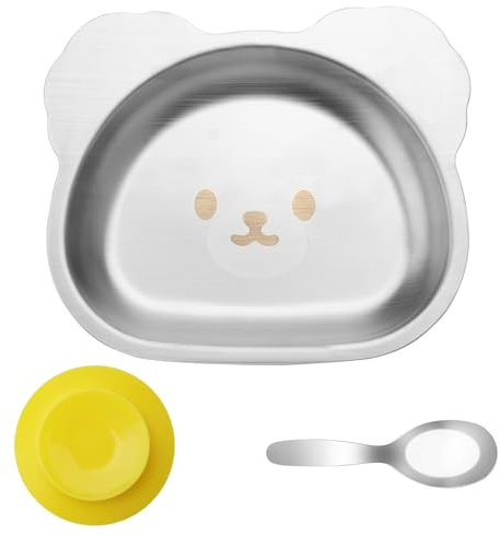 APOMOONS Edelstahl Teller Baby Saugnapf, Edelstahlteller Kinder Kindergeschirr Geschirr Baby Mit Saugnapf und Löffel, Waschbär Cartoon Tierform Kinderteller Sicheres und Rutschfestes Babyteller