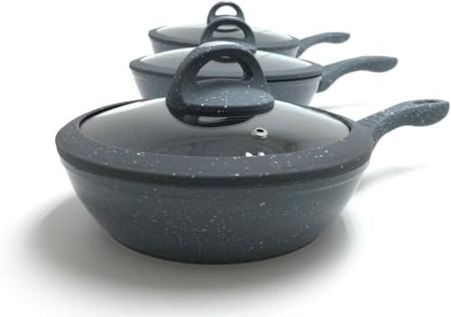 Generico Tris padelle Bavaria in pietra lavica antiaderenti 3 Padelle + 3 Coperchi Pietra Lavica 20-24-28cm, Pietra Lavica, Adatto a piano a Gas e a Induzione, Padelle e Coperchi (Grigio)