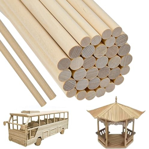 SLTAXAR 40 PCS Varillas de Madera para Manualidades | Palos Redondos de Madera Natural 8mm y 10mm x 30cm | Bastones de Madera para DIY, Modelismo, Decoración y Proyectos Artesanales