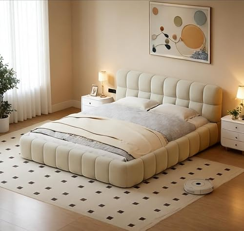 Lietre Bubble Bett Polsterbett 160x200, Doppelbett Gepolstertes, Jugendbett mit Lattenrost und Rückenlehne, Erwachsenenbett Flachbett, Leinen, Ohne Matratze(Beige, 160X200)