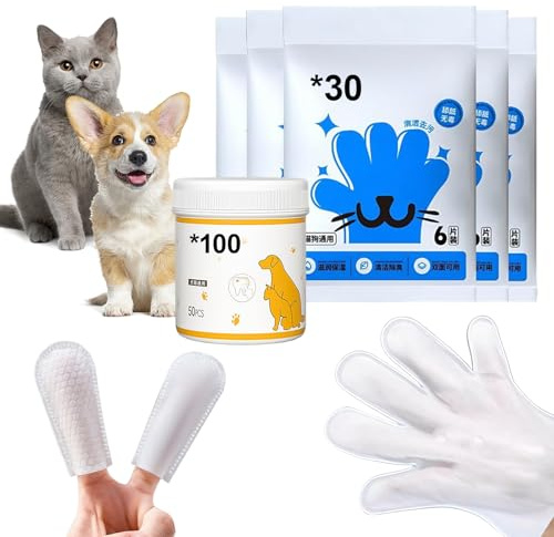 Reinigungshandschuhe für Hunde Katze 30 Stück & 100 Stück Finger-Pads für Haustiere Einweg-Reinigungsfingerlinge für Ohren, Kinn Augen, Einweg-Waschhandschuh für Reinigung und Fellpflege