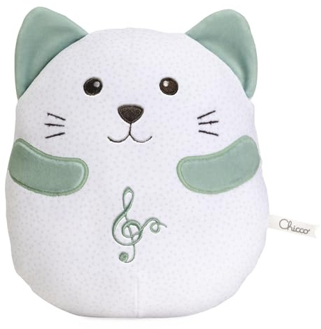 Chicco Peluche Petit Chat, Peluche électronique Interactive, Joue Le Son et Les Vibrations d'un Chat Qui ronronne, Musique Classique, Coussin Doux, Lavable en Machine, pour bébé 0 Mois et Plus, Vert