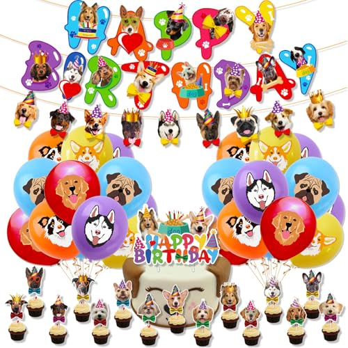 KOBOKO Luftballong hund födelsedag dekorationsset, ballonger och cupcake-topp, festdekoration med hundmotiv