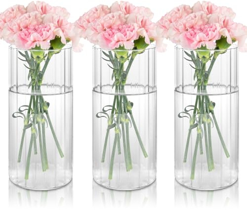 LDXDRU 3er Set Kleine Glasvasen für Tischdeko, 20 cm Hoch Glasvase Zylinder, Modern Blumenvase Glas, Rund Vase Glas Transparent für Hochzeit, Gerippt Blumenvase für Dekor