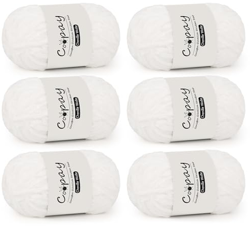 Coopay Chenille Wolle zum Häkeln, 6x100g Weiche Samtig Chenillegarn, Flauschige Dicke Wolle zum Stricken, Warme Plüschwolle Häkelgarn für Decken, Schals, Mützen - Weiß