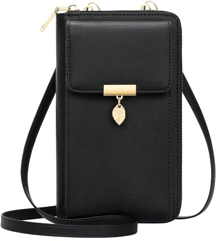 ENONEO Geldbörse Damen Handytasche zum Umhängen Leder PU Damen Umhängetasche Kleine RFID Schutz Handy Geldbeutel Frauen mit 12 Kartenfächer Handy Schultertasche Klein mit Reißverschluss (Schwarz)