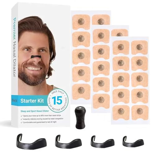 Magnetic Nasal Dilator Kit – Anti-Snoring Nasal Patches with 4 Adjustable Clips & Picker Tool, Includes 6 Reusable Patches (30 Uses) for Nasal Congestion Relief and Better Breathing
