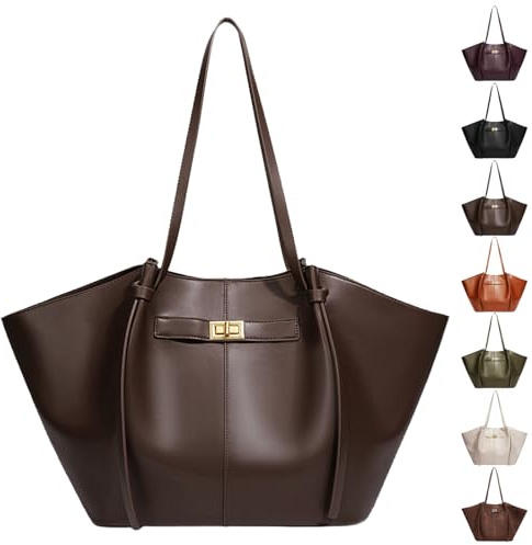 AUNGKWANG Leder Tote Bag Damen, Shopper Tasche Damen Groß, Large Shoulder Handbag mit Abnehmbarer Schlaufe, Vintage Tasche für Arbeit Einkauf Reisen Büro