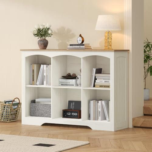 Fobyfurny Bücherregal Regal mit 6 Fächern, 106 x 34 x 80 cm, Weiß und Braun | Würfelregal, Offenes oberes Ablagefach, für Wohnzimmer, Büro, Schlafzimmer und Küche, FFSG003FWR1