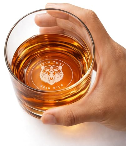 LOOXIS Personalisiertes Whiskyglas mit individueller Bodengravur - Name & Motiv, 350ml, 96x82mm, extra dickes Bodeneis, Gravur, Digestifglas, Whiskeyglas, Geschenkidee Männer, Vatertag- Eigenes Design