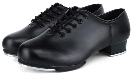 Hixingo Low Heel Tap Shoes for Women and Man Size 4-9.5, Tap Dance Shoes Adult Split Sole Wide Fit Leather Close Toe Comfortable with Fitted Toe and Heel Taps for Dance