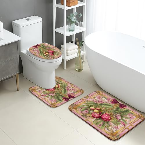 Juego de tapetes de baño florales de 3 piezas, elegantes hojas de rosas de melocotón, absorbentes, antideslizantes, en forma de U, lavables, de franela de secado rápido