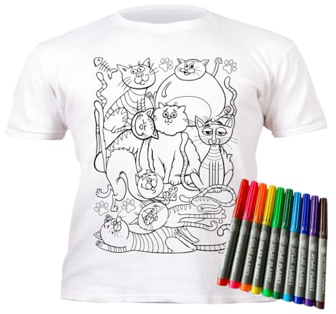 Splat Planet Color-in Cats T-Shirt with 6 Non-Toxic Washable Magic Pens - Color-in and Wash Out T-Shirt (7-8 Years)