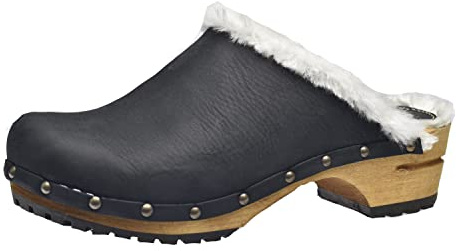 Sanita Hese offener Clog | Original handgemacht | Leder-Holzclogs für Damen | Schwarz | 40 EU
