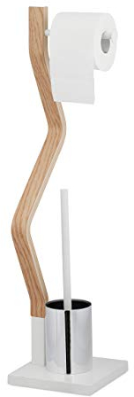Relaxdays WC Garnitur stehend, Holz und Stahl, Toilettenpapierhalter mit Bürste, HBT 75 x 18,5 x 18,5 cm, weiß/natur