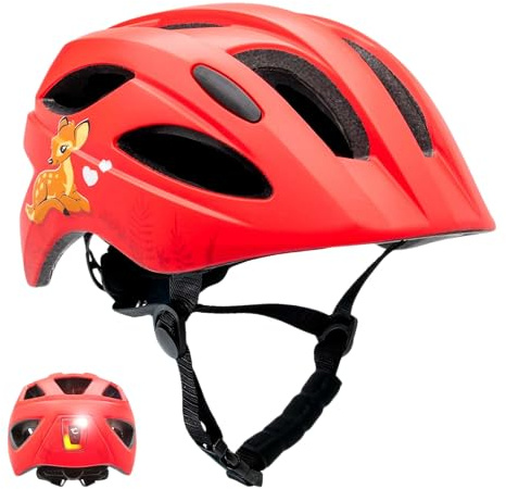 Crazy Safety Casco da bici per bambini dai 6 ai 12 anni, per biciclette, skateboard, mountain bike, pattini, luce posteriore ricaricabile tramite USB, colore: rosso