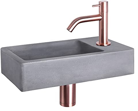 Differnz Force Waschbecken - Waschtisch Dunkelgrau Beton - Gebogener Wasserhahn Rot Kupfer - Komplettset - 40 x 22 x 8 cm