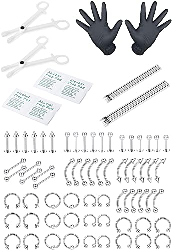 LOLIAS 84PCS Professional Piercing Kit Stainless Steel 14G 16G Belly Tongue Tragus Nipple Lip Nose Ring Body Jewelry