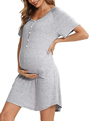 Uniexcosm Camison Embarazada, Camisón Maternidad Lactancia Algodon Camison Premamá Corta Camisón Lactancia Mangas Raglán con Botones Camisón con Cuello en V para Hospital Hogar