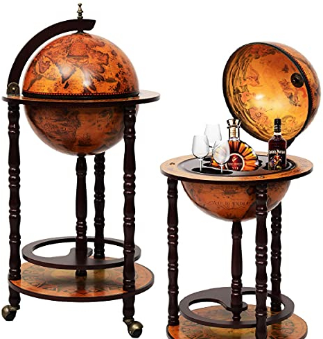 GIANTEX Globusbar Hausbar Antik, Barwagen Globus Vintage, Cocktailbar Wiskybar Weltkugel mit Bodenplatte, Massive Eukalyptusholzsäule mit 3 Rollen, Minibar Tischbar Dekobar 90 cm Braun