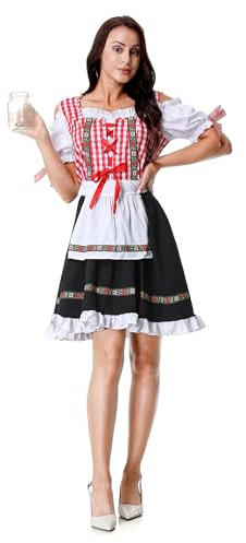 maxToonrain Oktoberfest Outfit Women German Beer Bavarian Dirndl Dress Plaid Short Sleeve for Halloween Beer Festivals (Red Gingham White Apron, L)