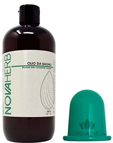 NovaHerb Kit Completo Coppettazione | Olio da Bagno Delicato 1000 ml + Coppetta NovaCup | Lubrifica e agisce sulla cellulite | Con Amamelide, Mandorle e Ceramidi | Anche per pelli delicate