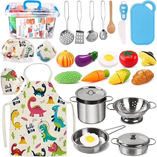 AMAYGA Accessoire Cuisine Enfant 27pcs - Pots et Casseroles en Acier Inoxydable, Ustensiles Avec Tablier, Toque, Gants - Pour Garçons et Filles