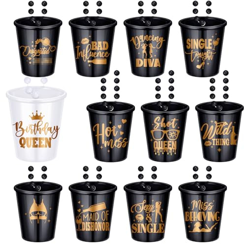 Janmercy 12 Pcs Birthday Shot Glass Necklace Bulk Funny Plastic Beaded Shot Cups Necklace Party For Girls Women 21st 30th 40th 50th Birthday Wedding Bachelorette Party Supplies, 1 White 11 Black