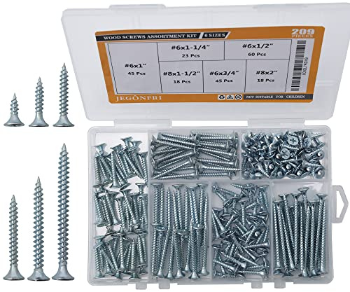 JEGONFRI High Hardness Wood Screws Assortment Kit, 209 pcs, Phillips Drive Flat Head, Wood Screws, Screws, Drywall Screws, Assorted Screws, Screws Set, 6 Sizes (2”,1-1/2”,1-1/4”,1”,3/4”,1/2”)