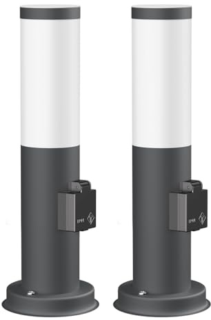 ledscom.de 2x Pollerleuchte PORU mit Steckdose für außen, anthrazit, rund, 38,5cm, inkl. Smart Home RGBW E27 LED Lampe, 892lm