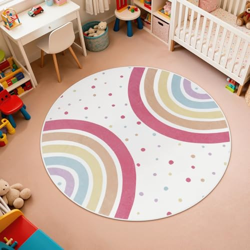 STARUIA Runder Regenbogen-Teppich für Mädchenzimmer, 122 cm, waschbar, Kinderteppich für Babyzimmer, Rutschfester Kreisbereich, farbenfroher Prinzessinnen-Teppich für Teenager, Schlafsaal,