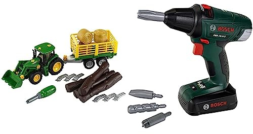 Theo Klein 3906 John Deere Tractor with Wooden and Hay Cart I Screw Set Including Screwdriver 3 and Over & 8567 Bosch Akkuschrauber | Mit rotierenden und auswechselbaren Aufsätzen ab 3 Jahren