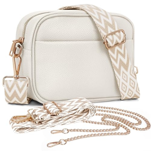 TIAASTAP Crossbody Bags for Women - Leather Handbags & Shoulder Bags Ladies Camera Cross Body Bag with Adjustable Wide Strap and Chain for Travel Shopping Work (White)