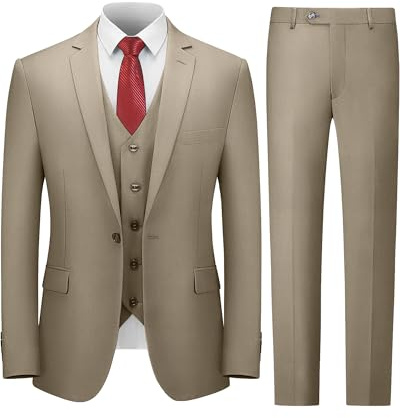 Cooper & Nelson herrkostym i smal passform, 3-delad kostym för män, en knapp, enfärgad kavaj, väst, byxor och slips, smoking-set, Khaki, S