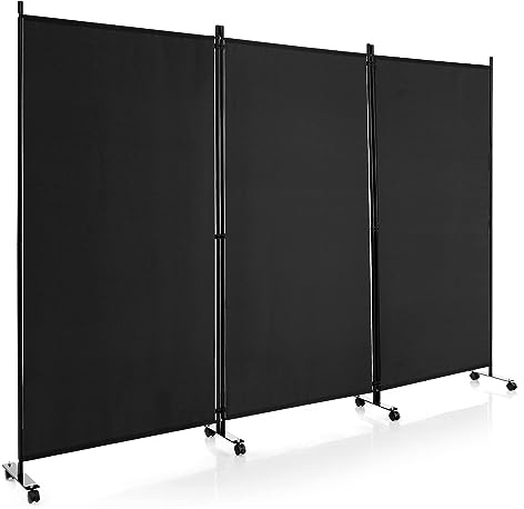 COSTWAY 3/4-Panel Folding Room Divider, Rolling Wall Privacy Screen Protector with Wheels, Freestanding Paravent Partition Separator for Bedroom, Living Room and Office (Black, 3 Panel-260x180cm)