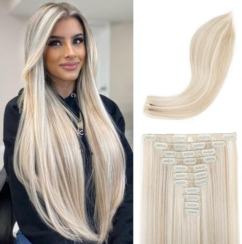 REECHO Hair Extensions, 11PCS Clip in Hair Extensions 24 Long Straight hair extensions HE005 Natural Soft Synthetic Hairpieces for Women – Ash Blonde with Highlights